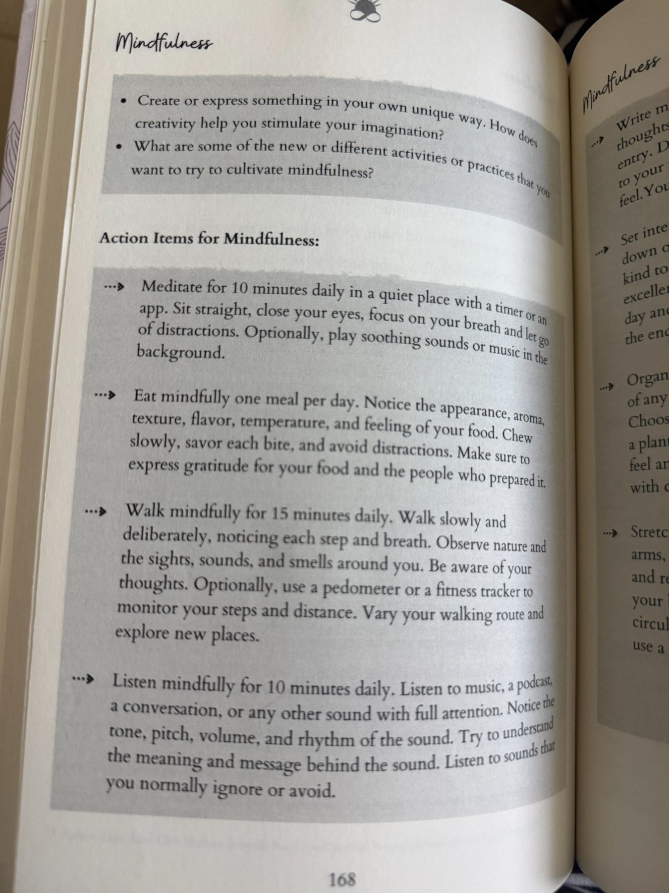 The Action Items for Mindfulness page with concrete daily practices
