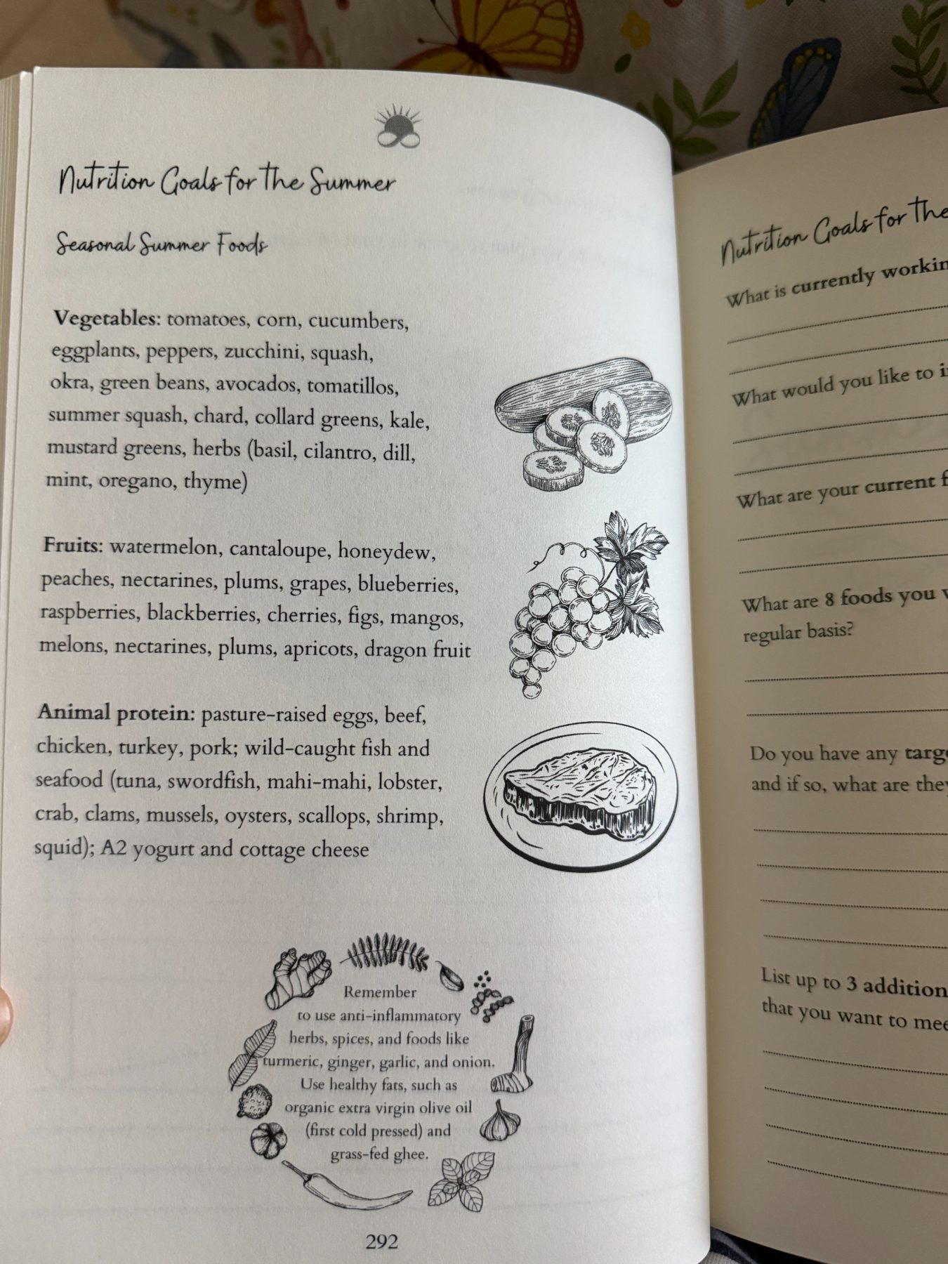 The Nutrition Goals for Summer page listing seasonal vegetables, fruits, and proteins