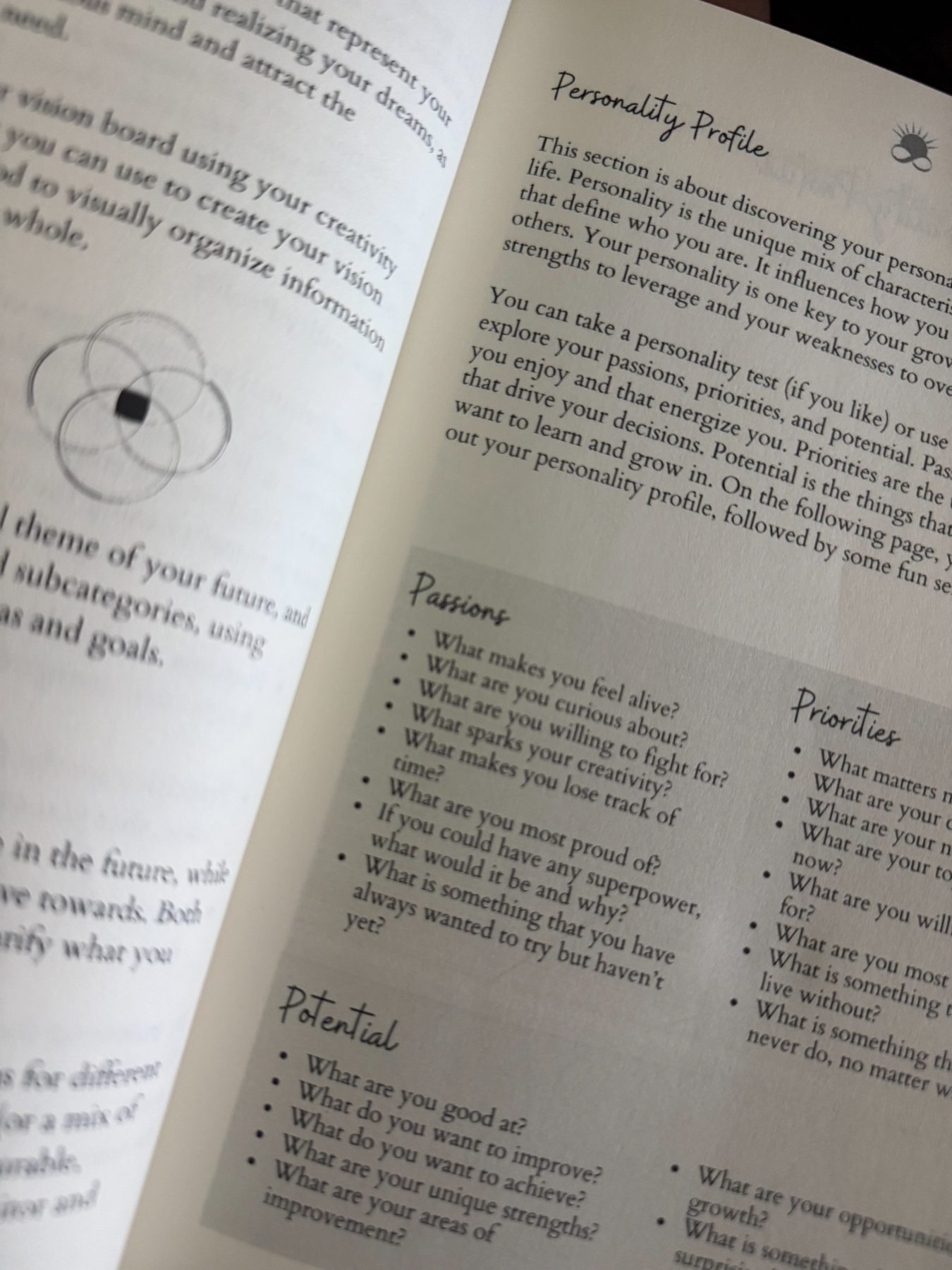 The Personality Profile pages exploring Passions, Priorities, and Potential