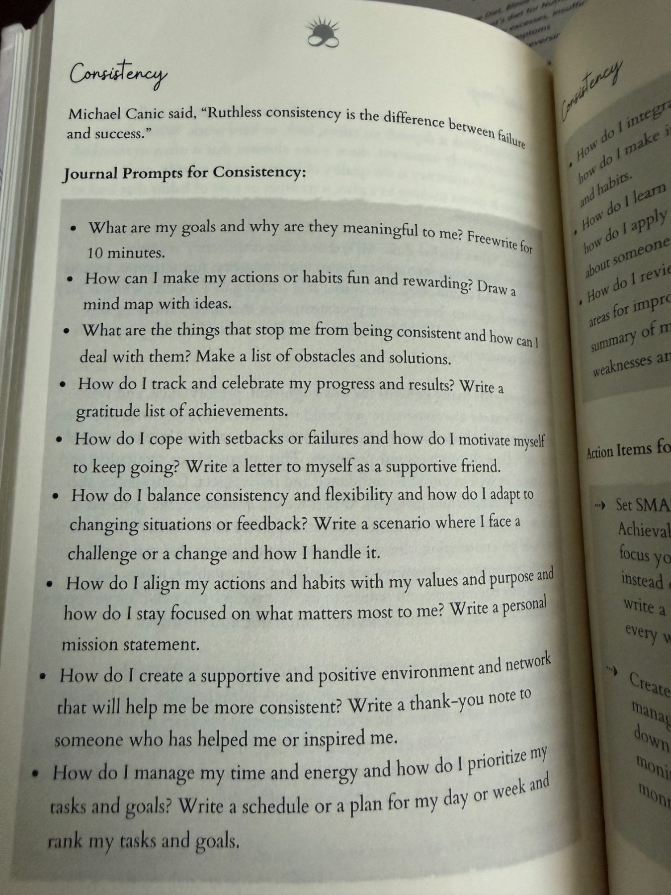 The Consistency page: a quote followed by a full list of journal prompts for the trait