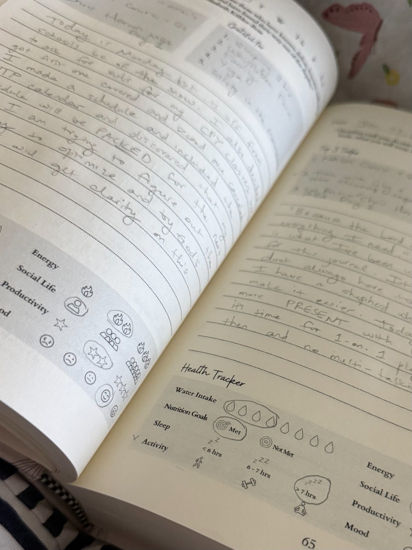 A daily entry with the Health Tracker filled in by hand